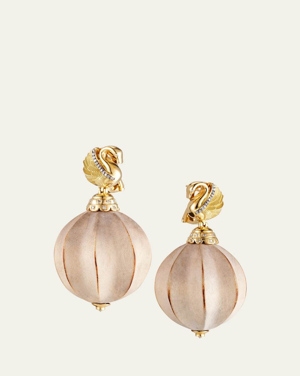Swan Wood and 18K Yellow Gold Earrings with Diamonds